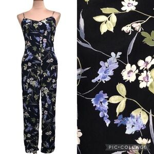 Reformation Jumpsuit Size XS Black Pastel Blue Purple Cream Floral Print